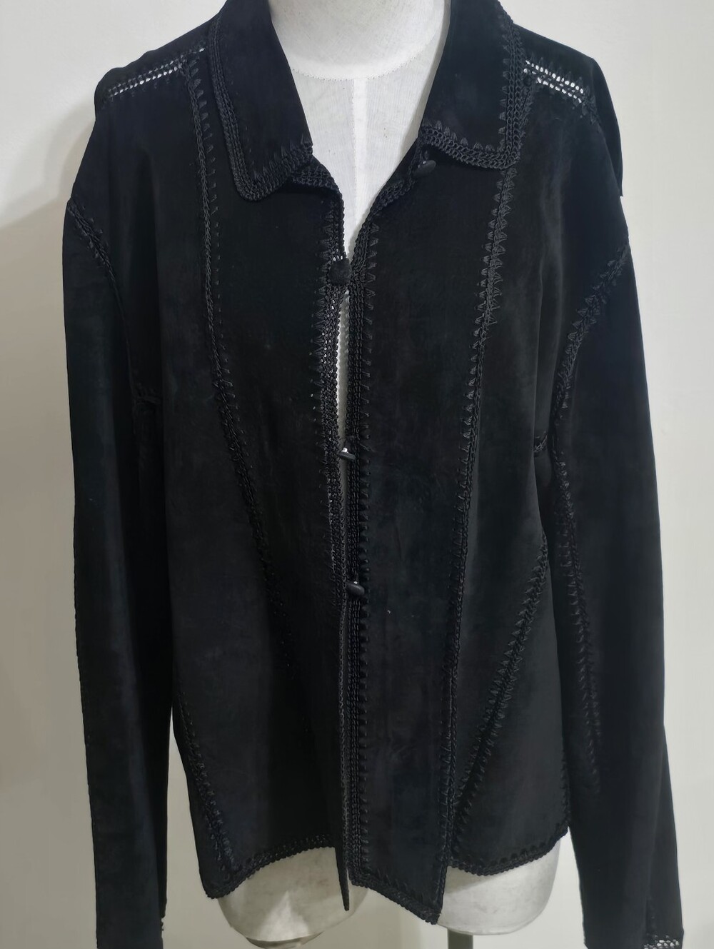 Chicos Black Leather Patchwork Jacket / Crochett Seems  Button Up Front